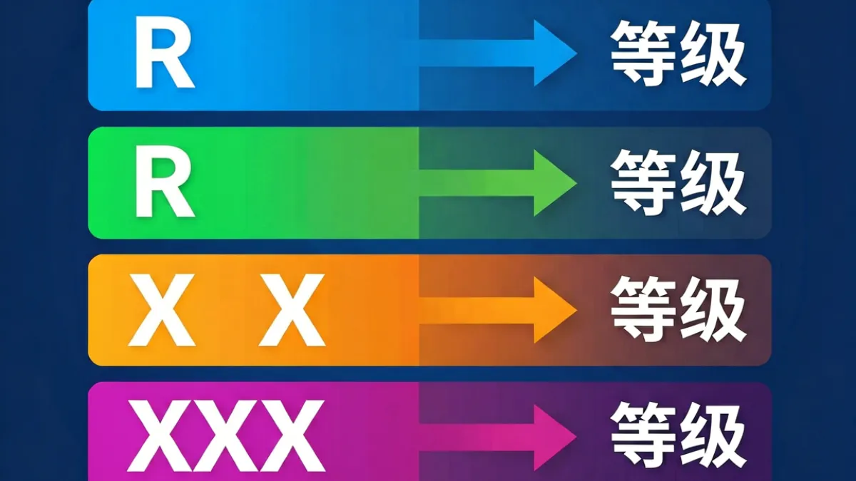 成人内容平台后台内容分级标签示意图，展示R级到XXX级的分类权限逻辑