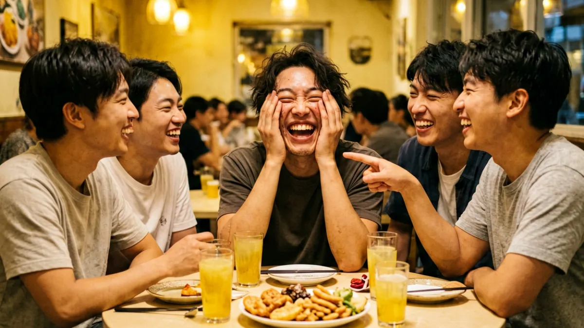 朋友聚会场景下的整蛊污视频画面，一群年轻人围坐桌边，其中一人被逗得捂脸大笑