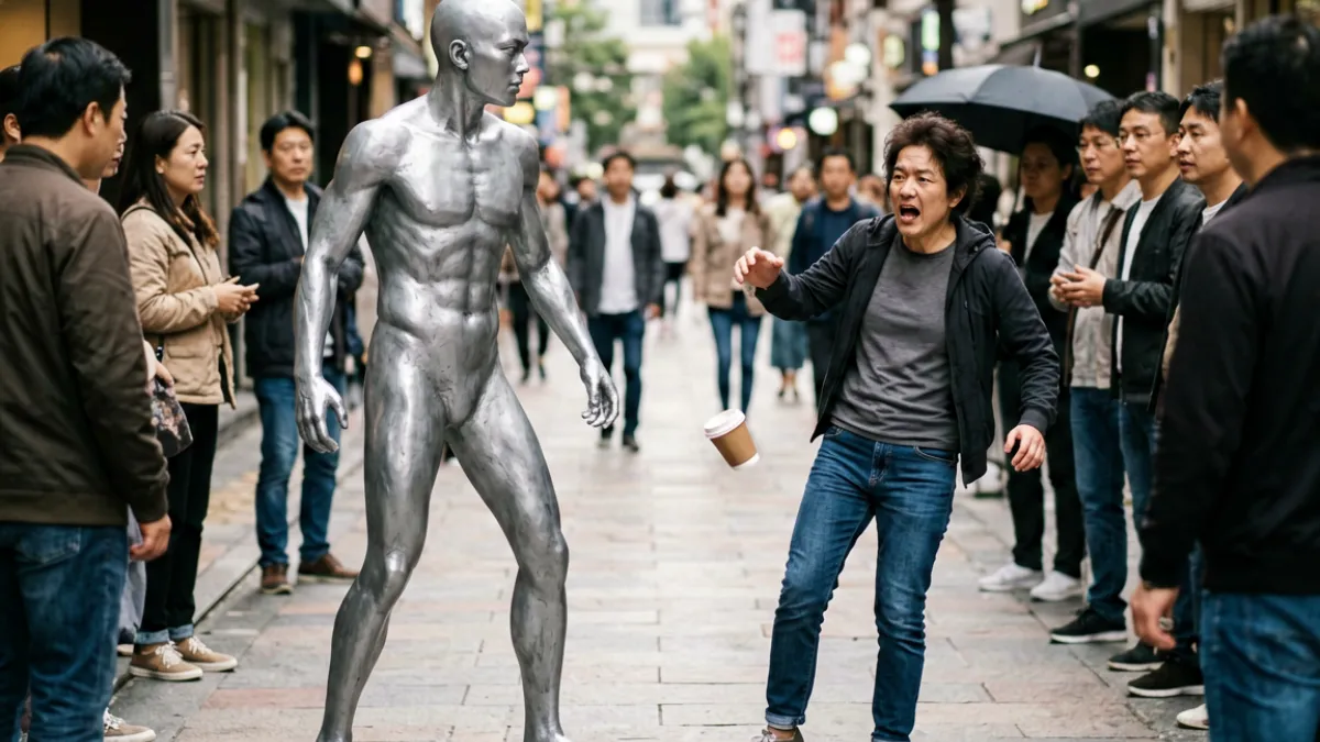 污视频街头整蛊：街头演员扮成雕塑突然动起来吓到路人的整蛊场景